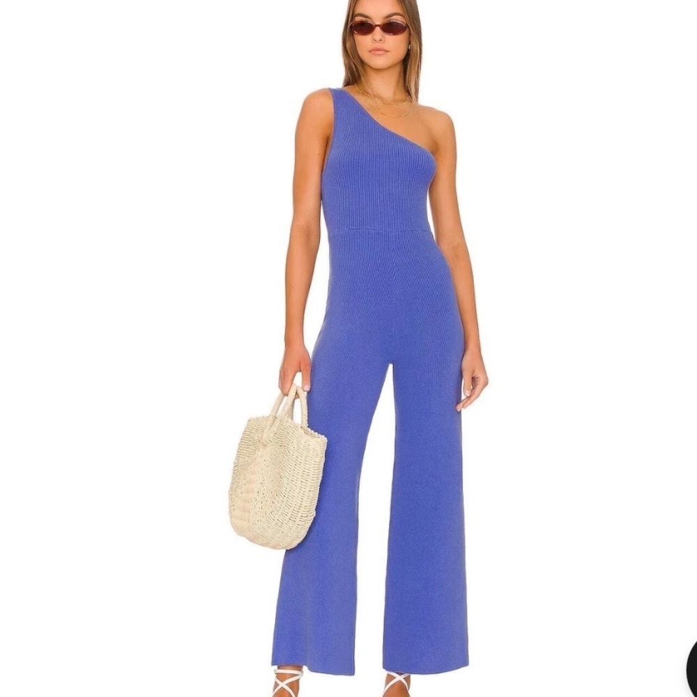 Free People Beach Waverly Ribbed One Shoulder Sweater Wide Leg Jumpsuit‎ Sz L
